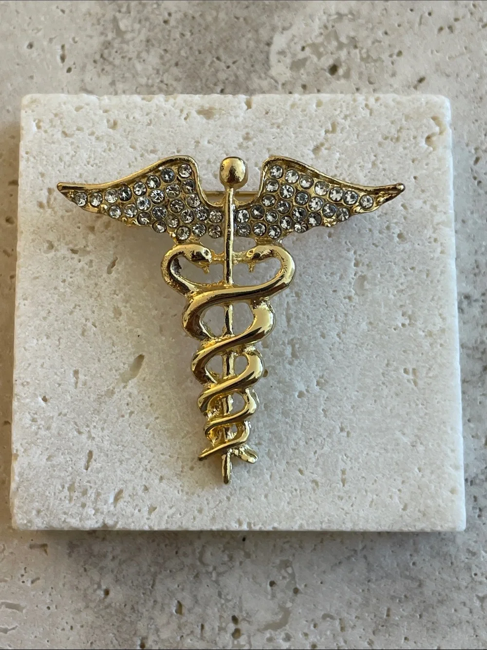Gold Caduceus Pin with Rhinestone Wings
